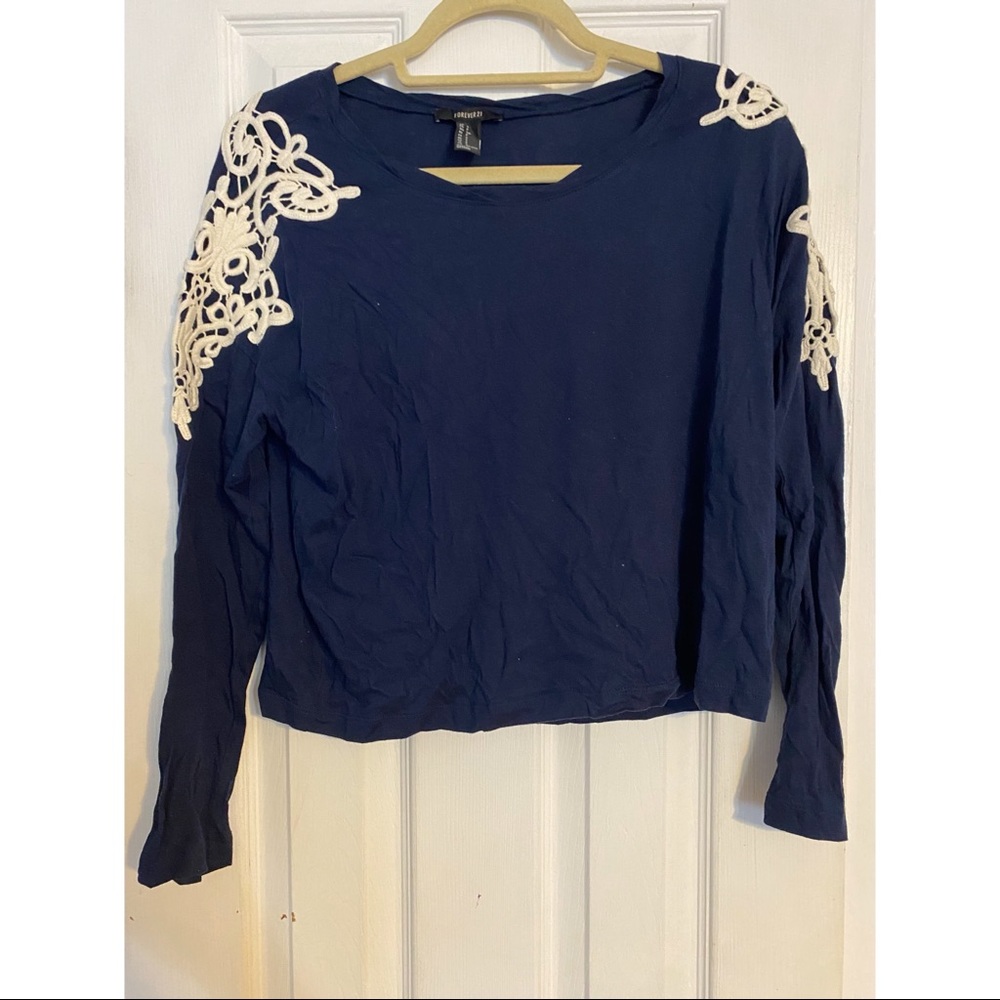 Navy Blue Long Sleeve Tee w/ White Lace | Size S